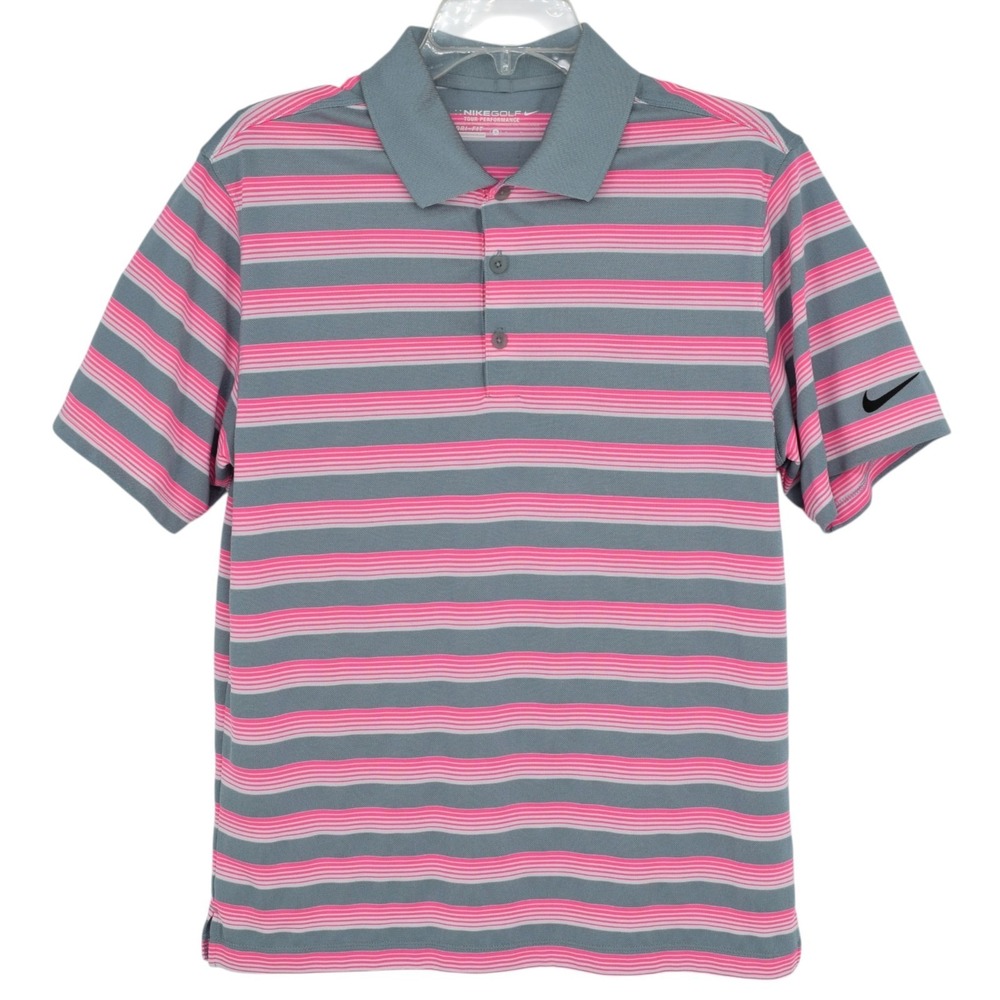 Nike Golf Mens S Polo Pink Gray Striped Tour Performance Dri Fit Stretch Shirt‎